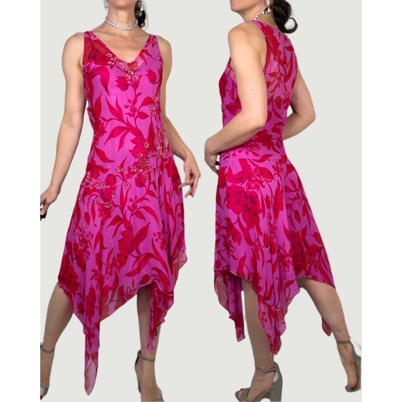 Laundry by Shelli Segal Silk Dress Floral‎ Sequin Chiffon Asymmetrical Beaded 10 - Picture 3 of 15